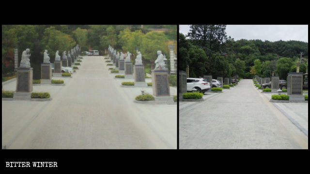 聖泉道の菩薩道の両側に並べられた18体の阿羅漢像が撤去された。