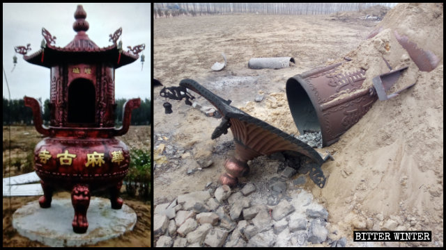 拿馬寺の香炉は破壊された。（左は内部情報筋より。右は記者が撮影）