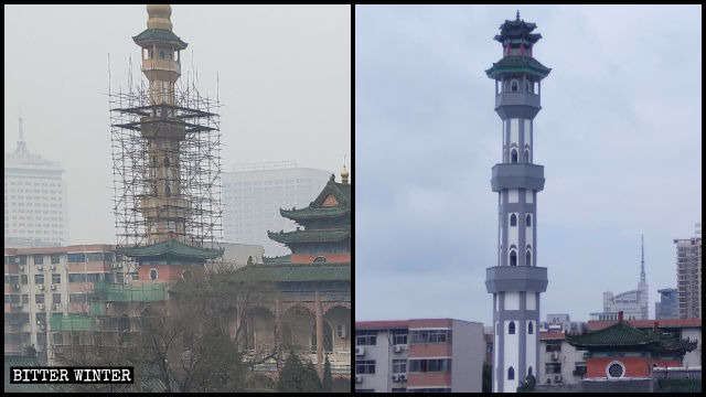 鄭州市の北大モスクの尖塔が「中国化」される前と後の様子。