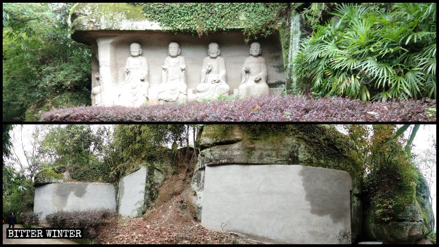羅漢像24体はレンガの壁で覆い隠された。