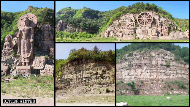 崖に刻まれた構成作品「世界仏教の光」は取り壊され、荒れた絶壁だけが残った。