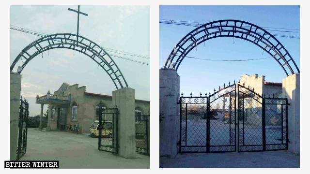 新台子鎮のカトリック地下教会の十字架が取り除かれる前と後の様子