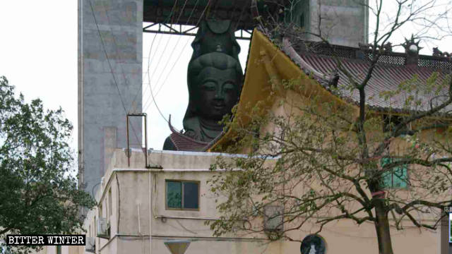 台州市の寺院内の青銅の観音菩薩像、取り壊し前の様子。