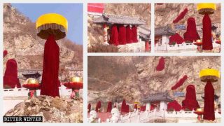 千仏洞の屋外の仏像が赤い布で覆われている。
