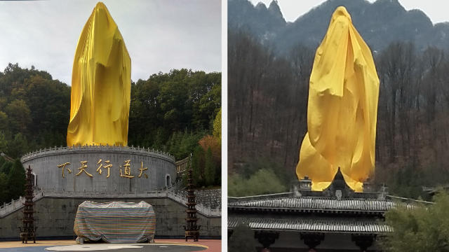 老子像は、老君山老子文化苑において黄色い布でその全体が包まれている。（内部者からの提供）