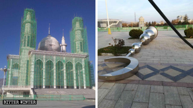 モスクの前面の2つの塔から撤去された三日月のシンボル。
