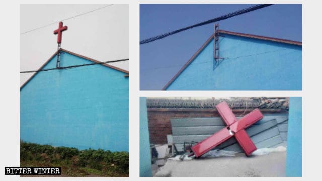 遼寧省瀋陽市蘇家屯区にある三自教会のもともとの外観（左）。十字架が撤去された教会（右上）。集会施設から十字架が撤去される様子（右下）。