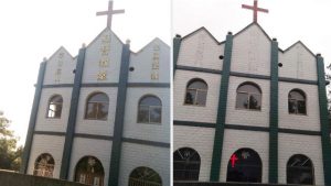 池州市のこの教会では宗教に関する言葉が撤去された。