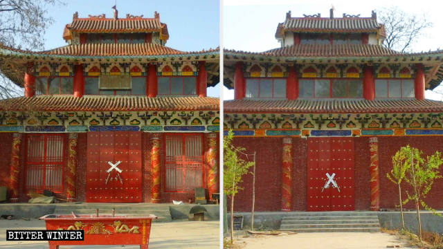 佛経寺の正門、裏門はテープでふさがれている。