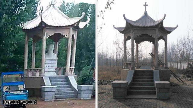 武邑県のカトリック教会にある亭。聖人像の撤去前と後。