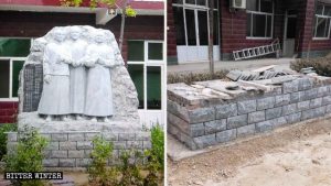 教会の信者が3人の殉教者を追悼するために建てた聖人像が撤去された。