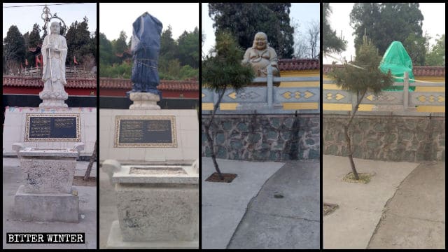 淄川区昆侖鎮にある昆侖山の寺院の屋外に建つ2体の仏像、地蔵菩薩と弥勒菩薩にも覆いがかけられた。