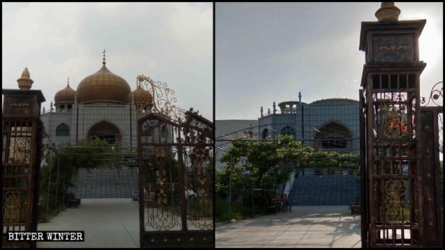 濮陽県にあるモスク。ドーム、星と三日月のシンボルが解体される前と後。