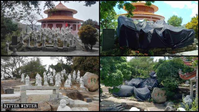 東明禅寺の阿羅漢像が覆われる前と後の様子。