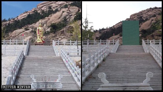  平度市の高福寺にある菩薩像は、寺院閉鎖後に覆われた。