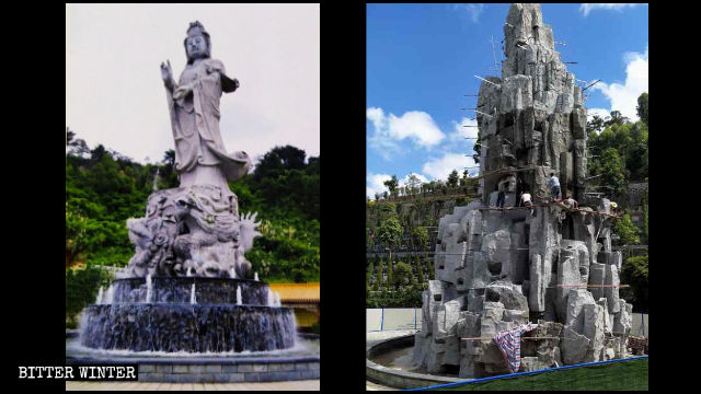 聖泉陵園の滴水観音像が鉄筋コンクリート製の人工の山の後ろに隠された。
