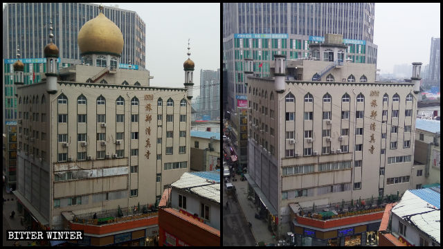 旅鄭モスクのドームと三日月のシンボルが撤去される前と後の様子。