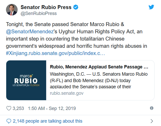 9月11日から12日にかけて、マルコ・ルビオ上院議員は上院での重要な投票について、いくつかのツイートを行った。