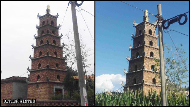 霊應寺内の仏塔についていた像が撤去される前と後の様子。