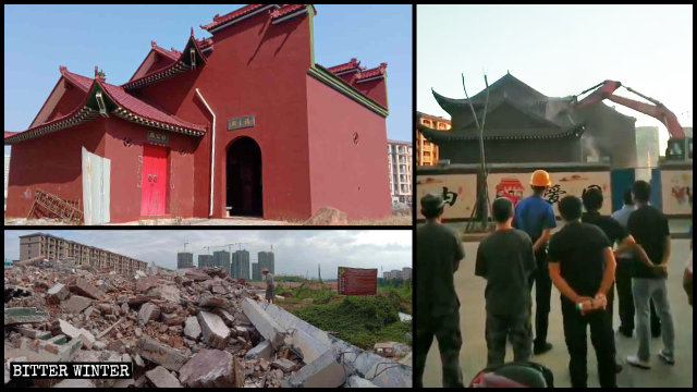 南豊県の福主廟が取り壊される前と後の様子。（左は記者が撮影。右は内部情報筋より）