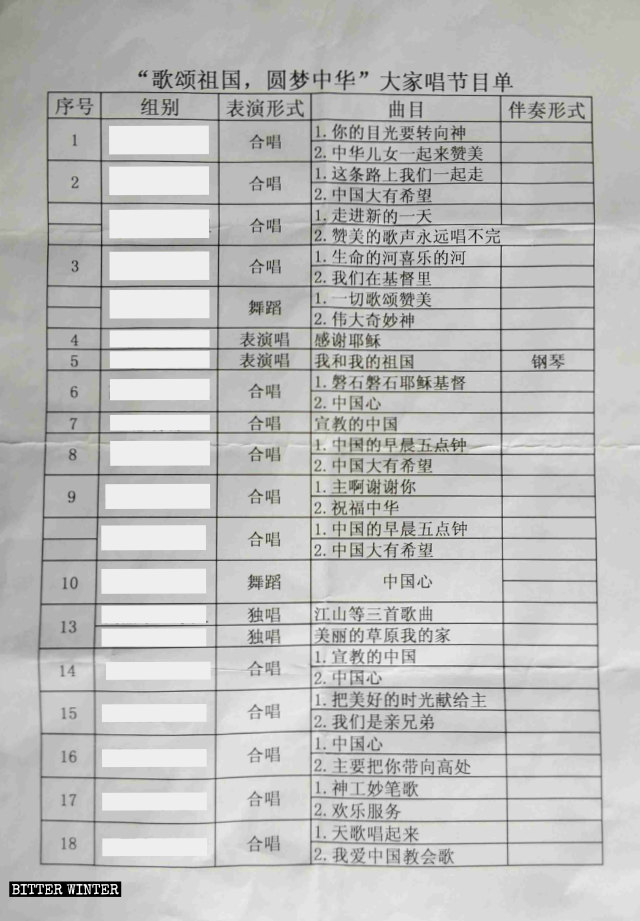 遼寧省の教会に貼られた『歌頌祖国、円夢中華』の曲目リスト。