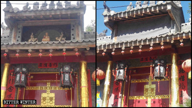 霊應寺の入口上部にあった小さな像3体は布で覆われた。