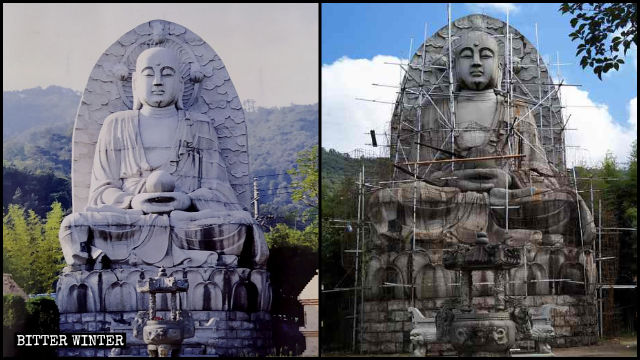 地蔵王菩薩像を隠すための建設作業に備え、像の周りに棒鋼が設置された。