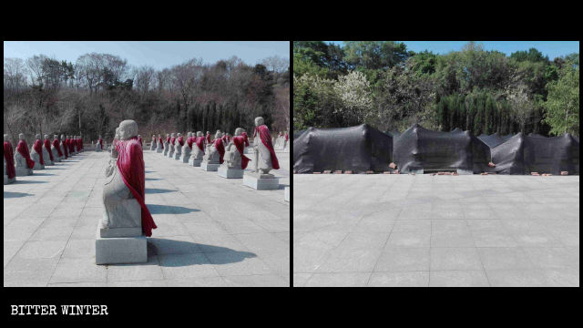 撫順市にある善縁寺の阿羅漢像500体撤去前と後の様子。