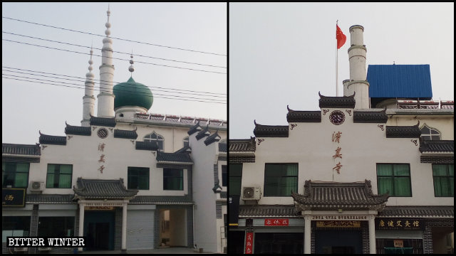 河南省焦作市博愛県にあるモスクの上部からイスラム教の象徴が撤去され、代わりに国旗が掲揚された。